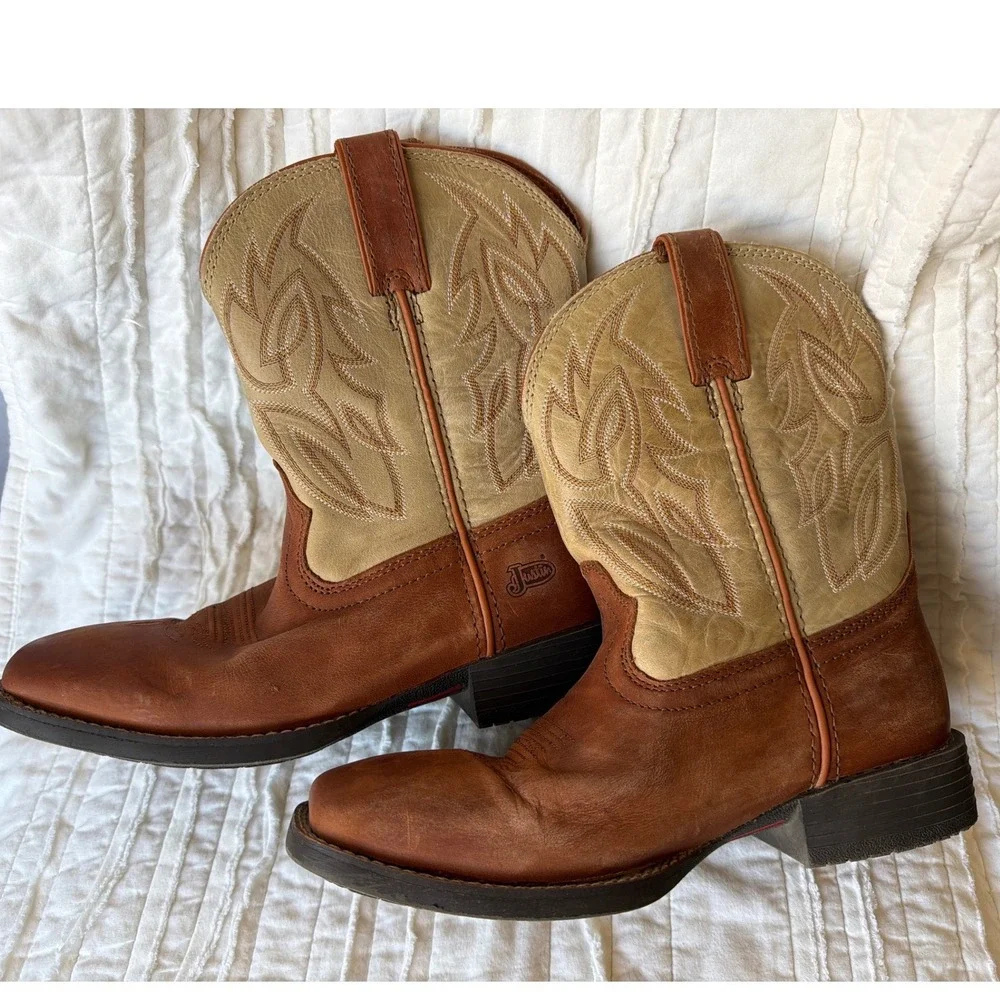 Justin Western Jr Canter Boots Brown Tan Leather Square Toe Kids 5.5D